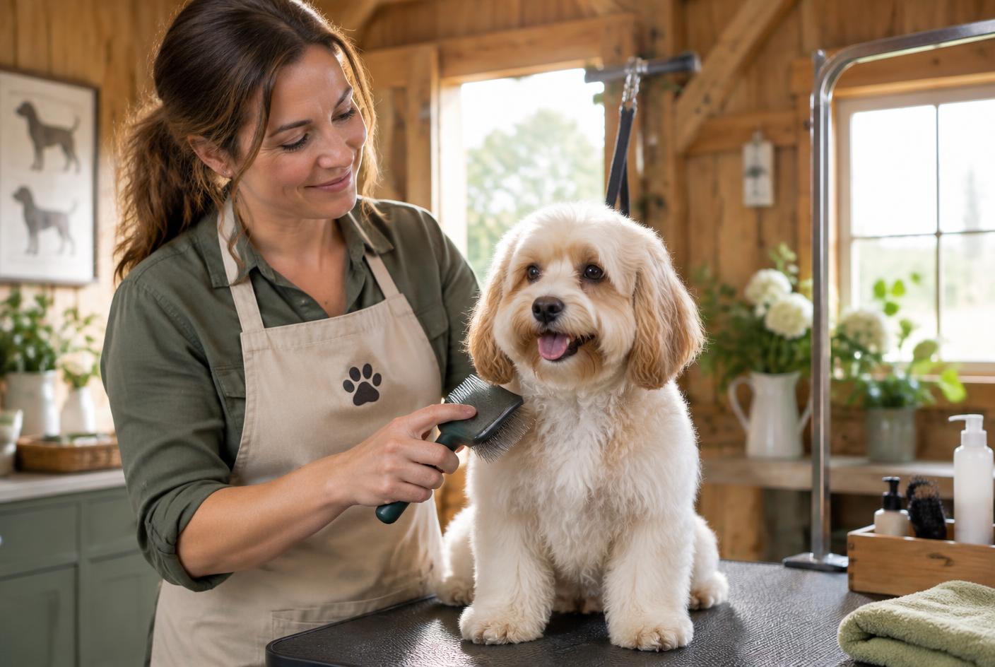 A groomer brushing a small fluffy dog on a grooming table