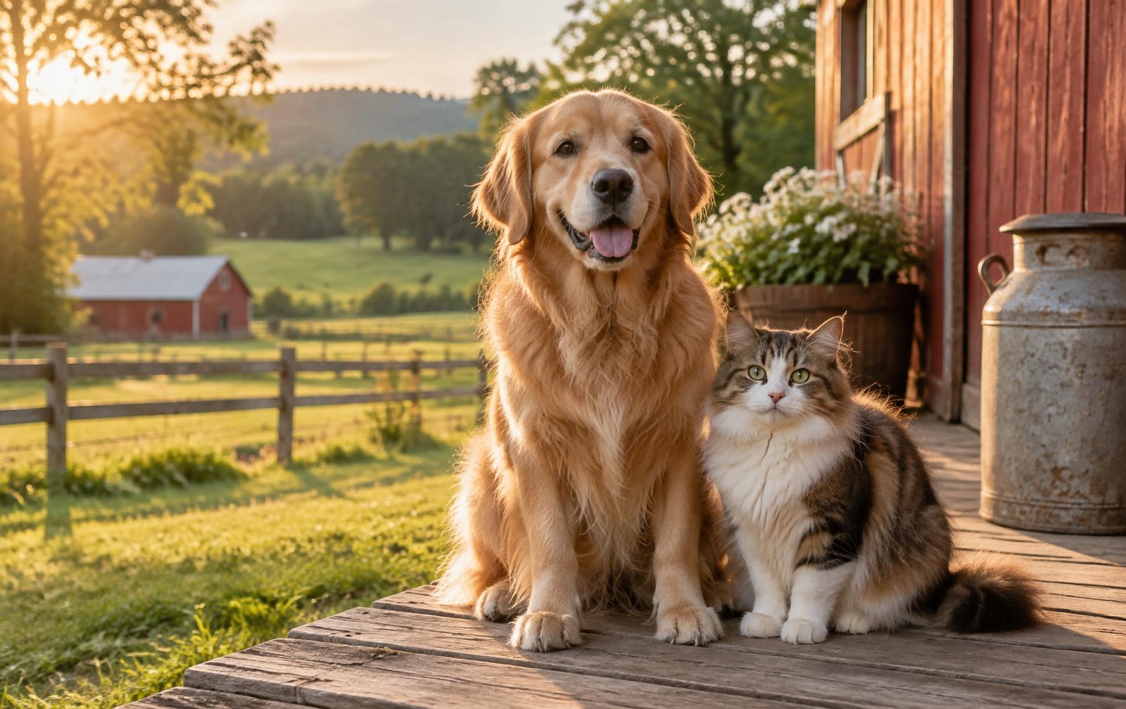 A groomed golden retriever and a fluffy cat sitting outside a red barn